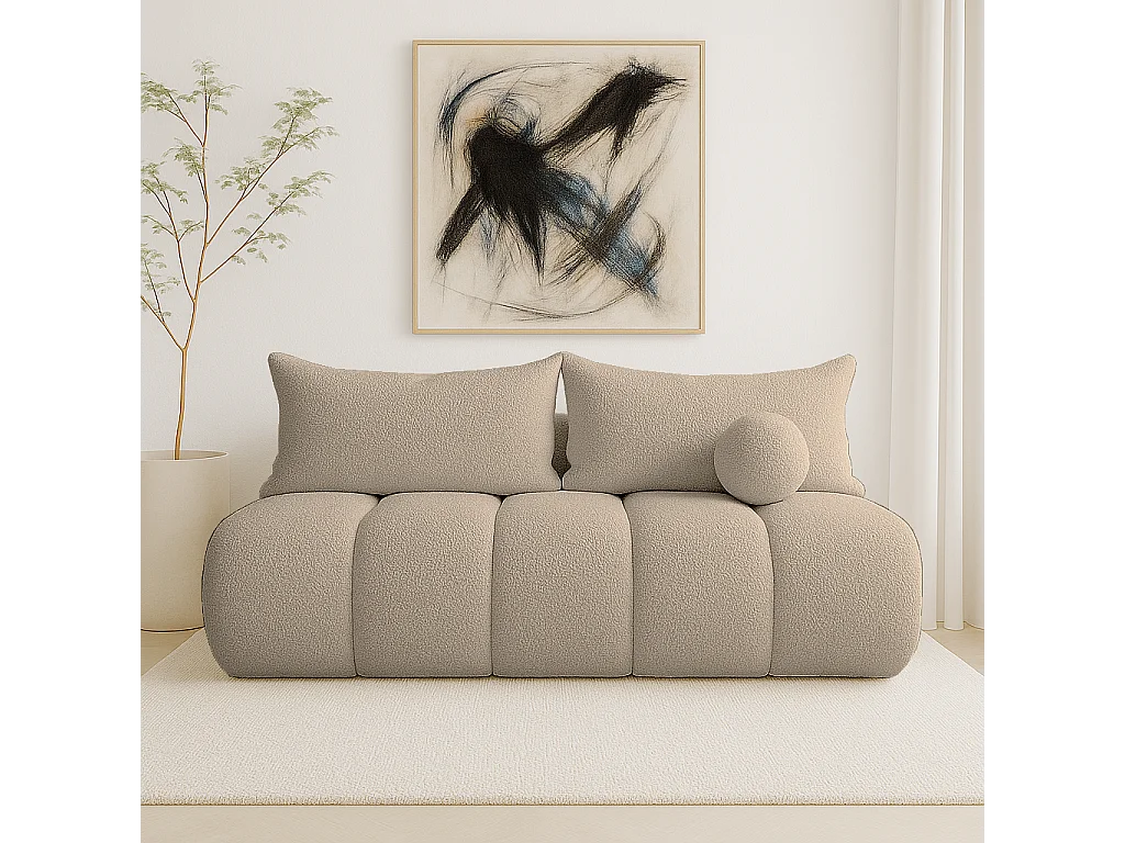 BESILIO Canapé arrondi convertible Glomi – tissu bouclé, canapé avec fonction lit – Beige