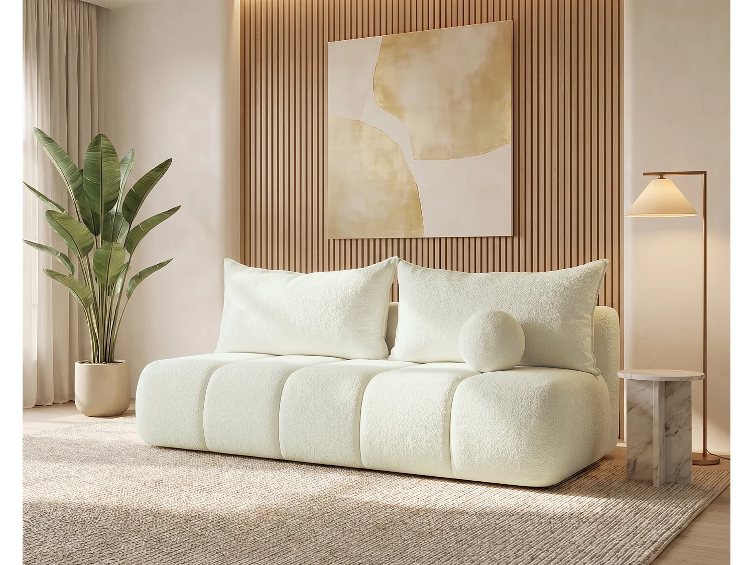 BESILIO Canapé arrondi convertible Glomi – tissu bouclé, canapé avec fonction lit – Crème