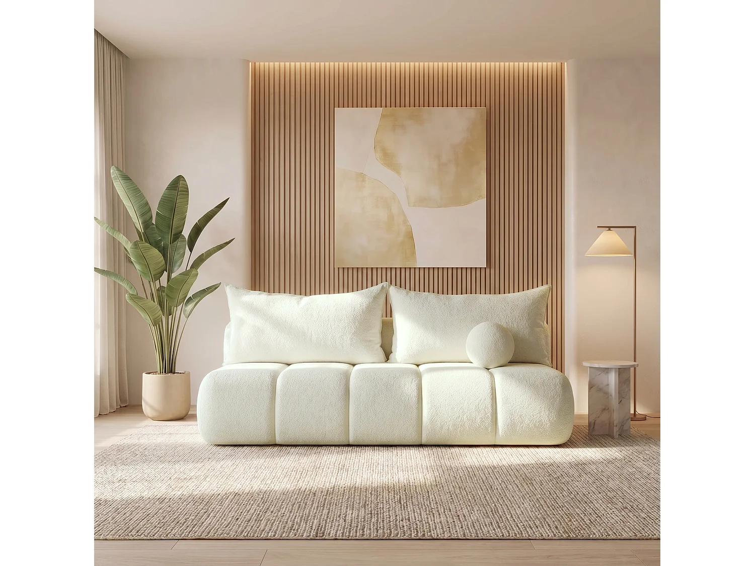 BESILIO Canapé arrondi convertible Glomi – tissu bouclé, canapé avec fonction lit – Crème