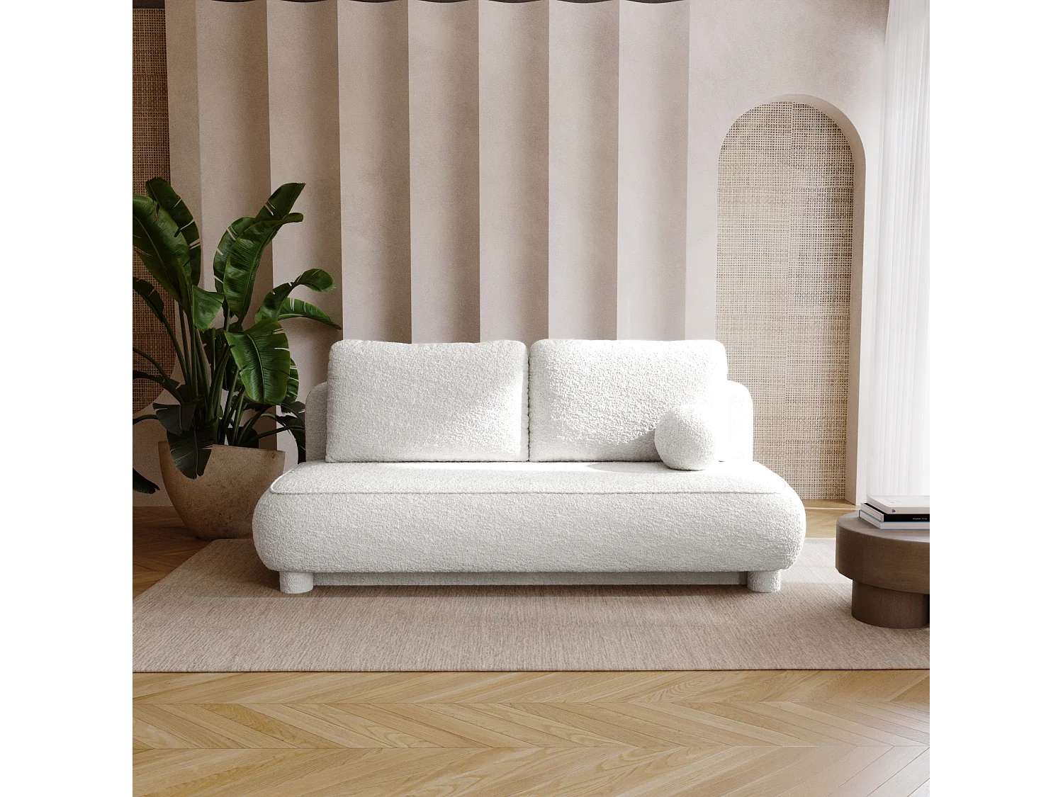 BESILIO Canapé deux places Toby – tissu bouclé, canapé convertible – Blanc