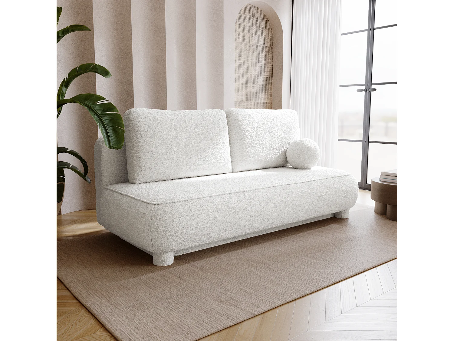 BESILIO Canapé deux places Toby – tissu bouclé, canapé convertible – Blanc