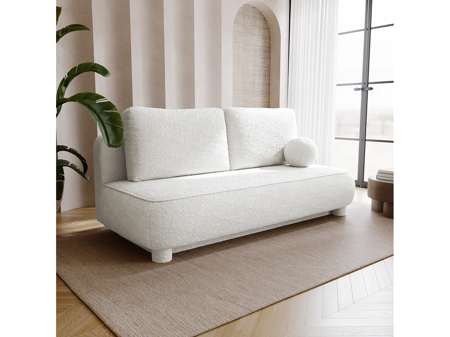 BESILIO Canapé deux places Toby – tissu bouclé, canapé convertible – Blanc