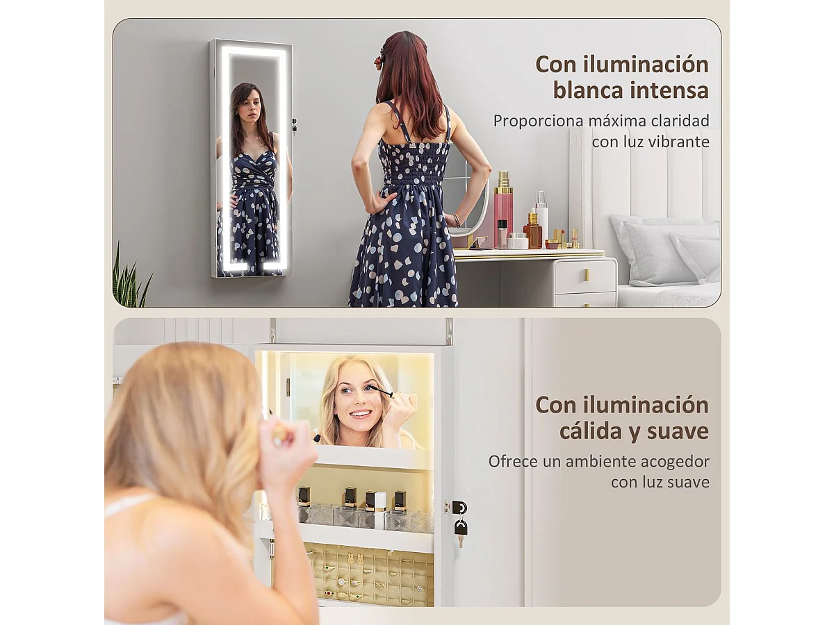 Espejo joyero Selene Homcom con luz LED blanco 118x44x16 cm