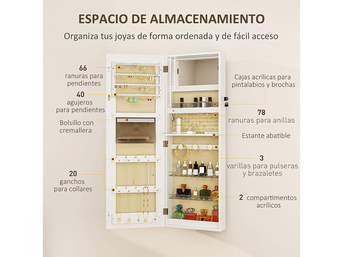 Espejo joyero Selene Homcom con luz LED blanco 118x44x16 cm