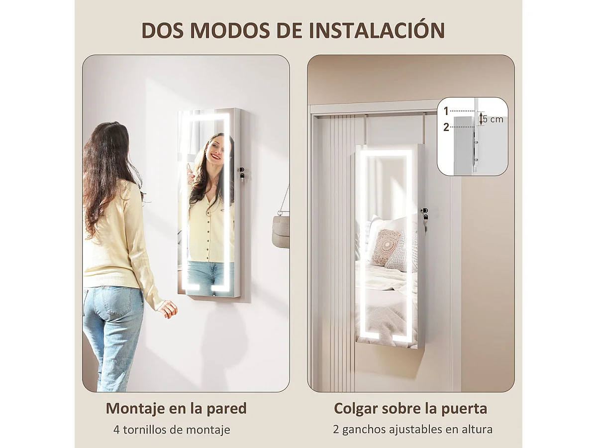 Espejo joyero Selene Homcom con luz LED blanco 118x44x16 cm