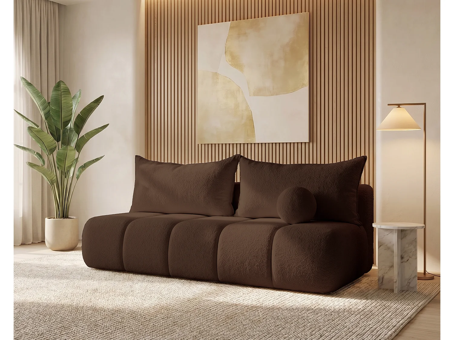 BESILIO Canapé arrondi convertible Glomi – tissu bouclé, canapé avec fonction lit – Marron