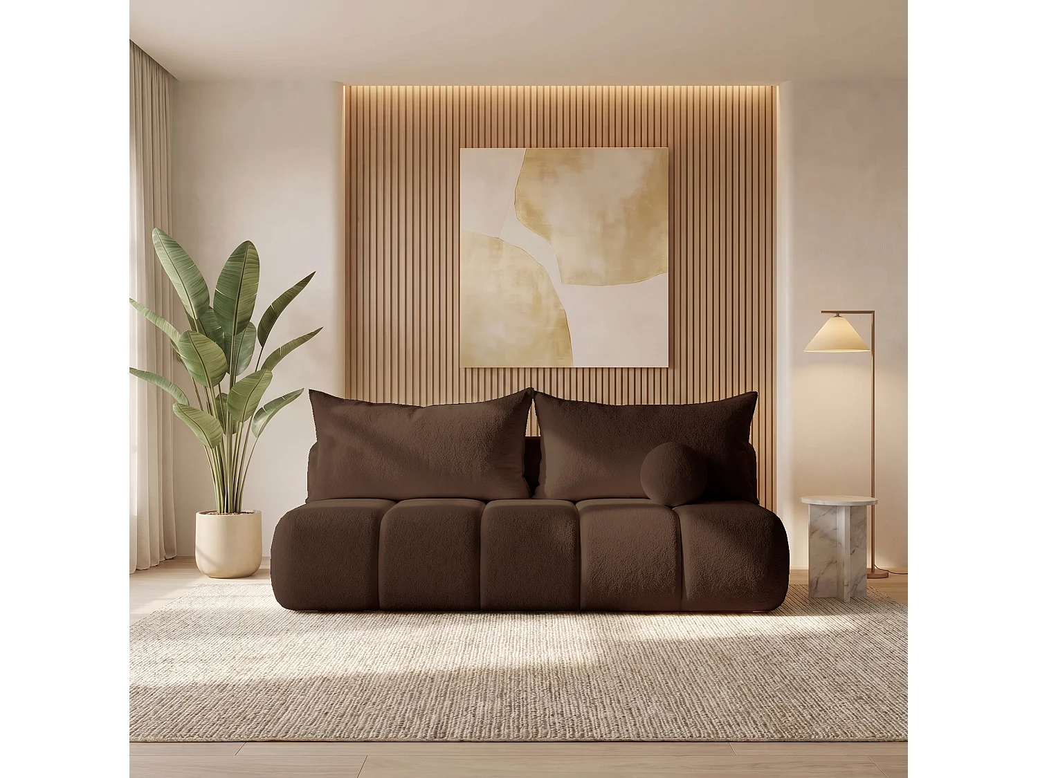 BESILIO Canapé arrondi convertible Glomi – tissu bouclé, canapé avec fonction lit – Marron