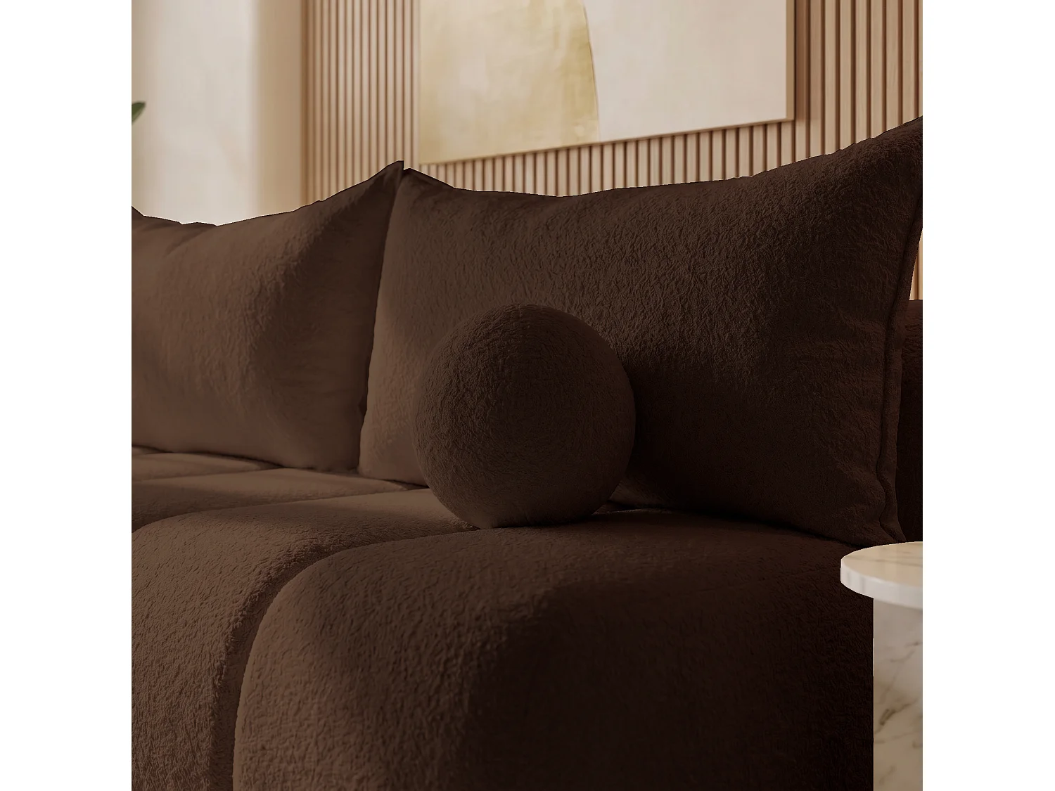 BESILIO Canapé arrondi convertible Glomi – tissu bouclé, canapé avec fonction lit – Marron