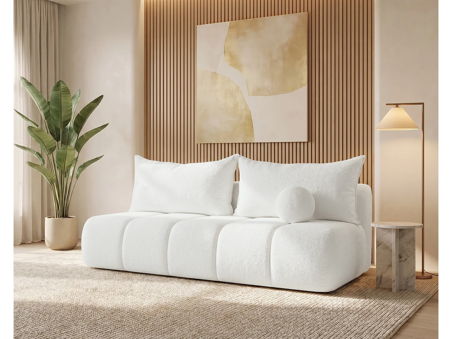 BESILIO Obła kanapa rozkładana Glomi - tkanina boucle, sofa z funkcją spania- Biały