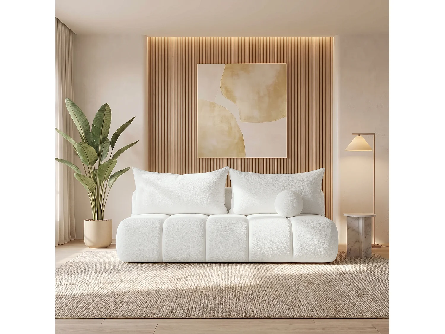 BESILIO Obła kanapa rozkładana Glomi - tkanina boucle, sofa z funkcją spania- Biały