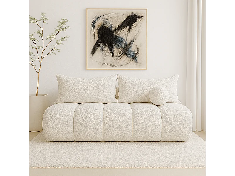 BESILIO Canapé arrondi convertible Glomi – tissu bouclé, canapé avec fonction lit – Blanc