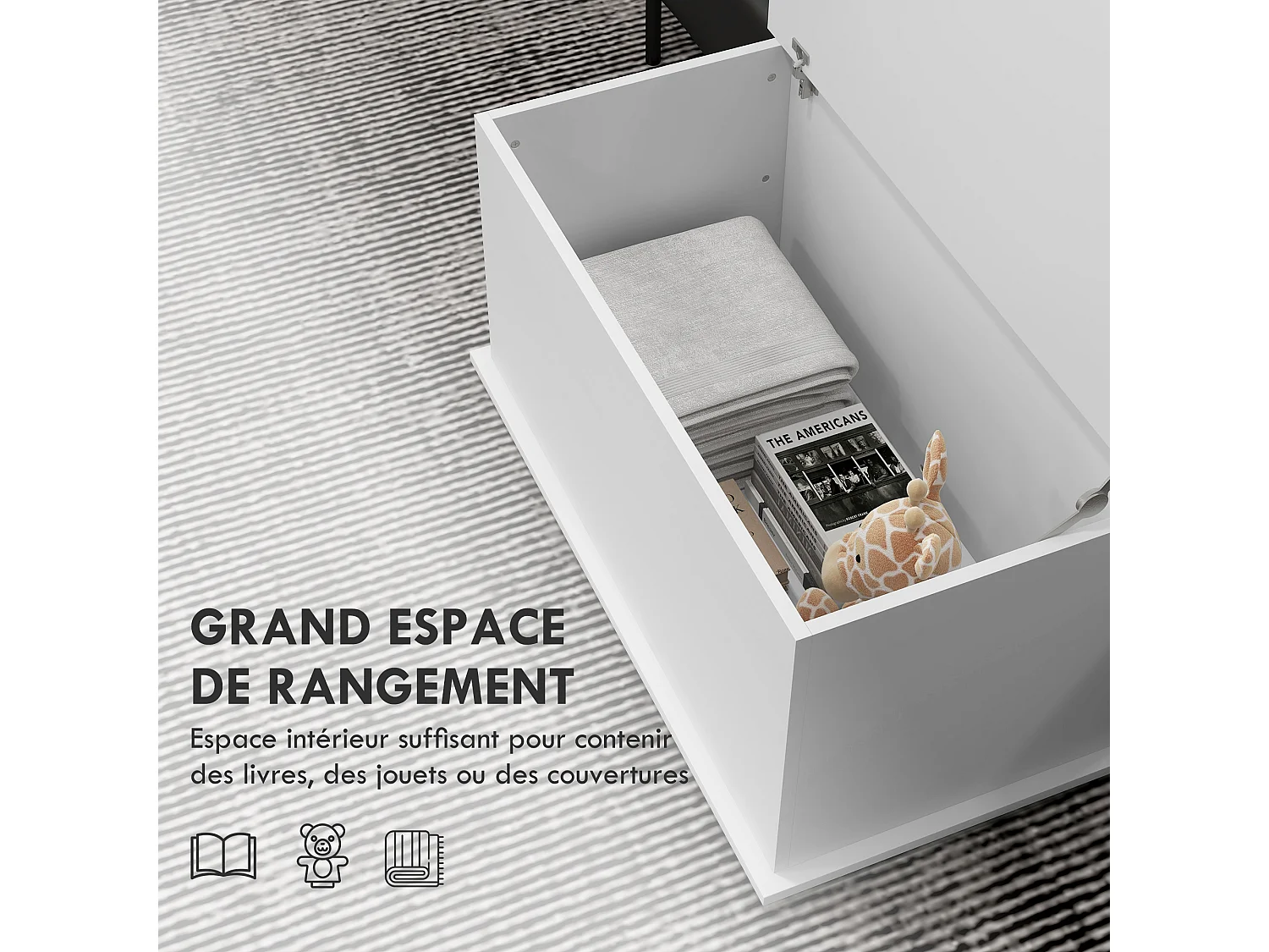 Coffre malle de rangement coffre à jouets dim. 80L x 40l x 40H cm panneaux particules blanc