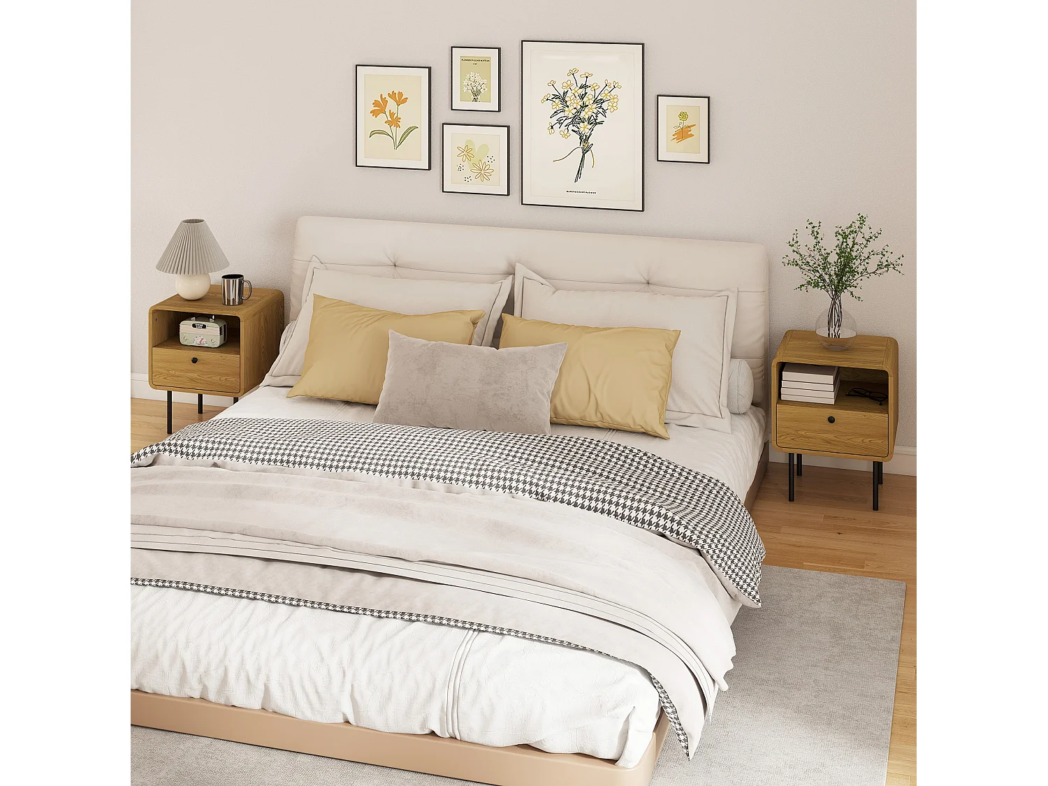 Lot de 2 chevets style vintage effet bois tiroir niche coins biseautés piètement métal poignées bouton noir