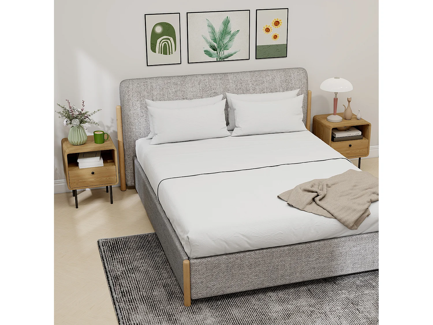 Lot de 2 chevets style vintage effet bois tiroir niche coins biseautés piètement métal poignées bouton noir