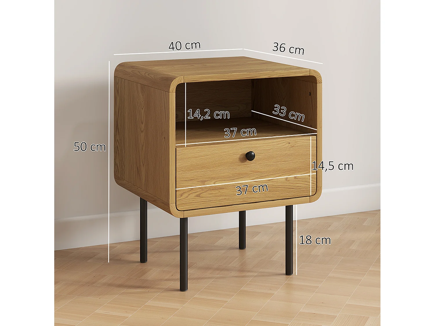 Lot de 2 chevets style vintage effet bois tiroir niche coins biseautés piètement métal poignées bouton noir