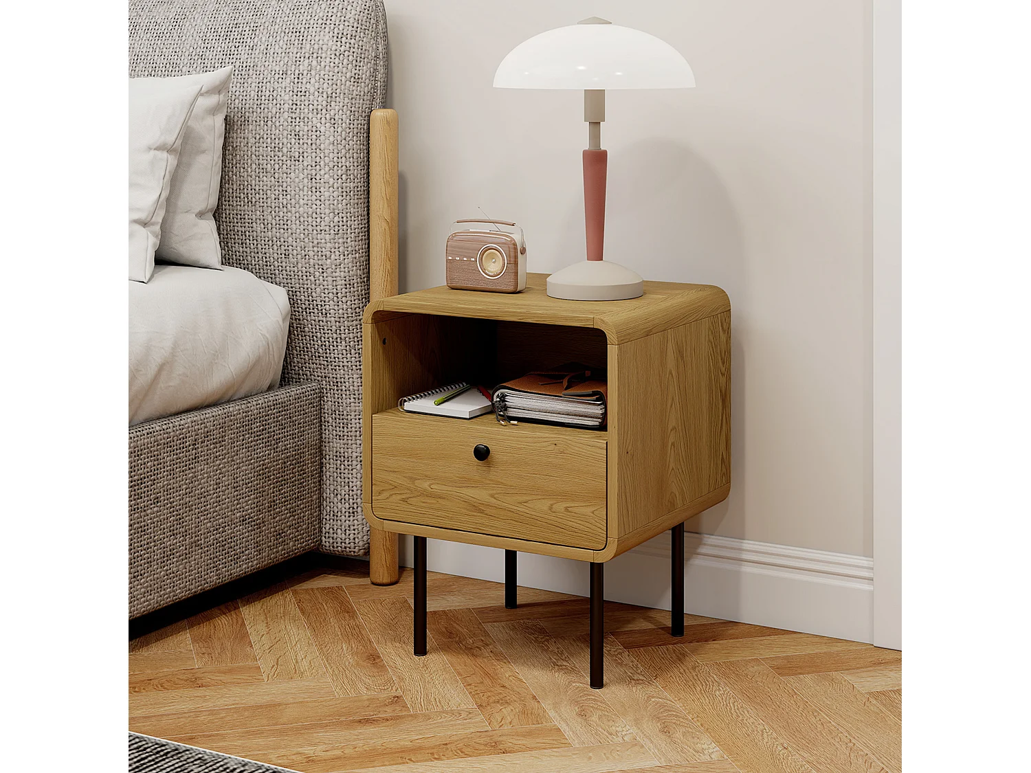 Lot de 2 chevets style vintage effet bois tiroir niche coins biseautés piètement métal poignées bouton noir