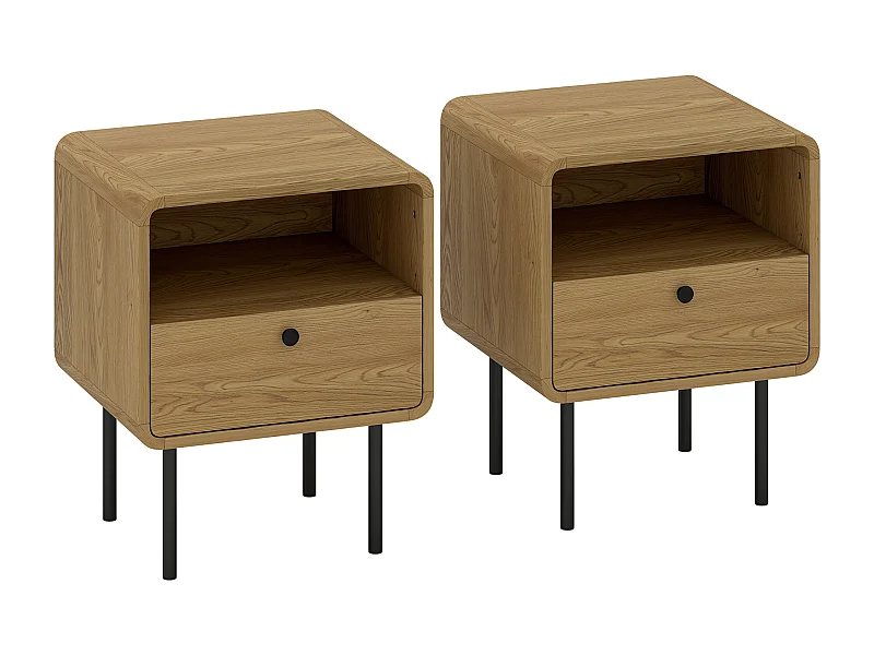 Lot de 2 chevets style vintage effet bois tiroir niche coins biseautés piètement métal poignées bouton noir