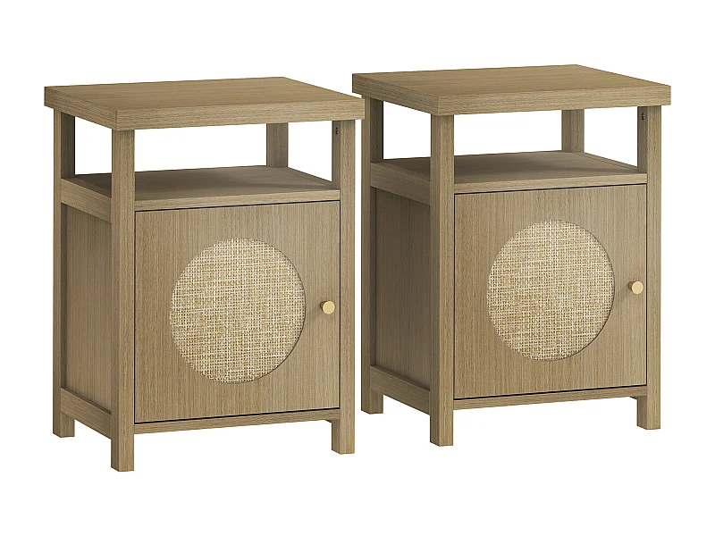 Lot de 2 chevets style bohème effet bois et cannage - porte, niche - dim. 40 x 35 x 55 cm