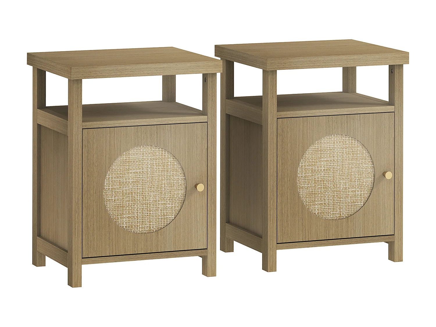 Lot de 2 chevets style bohème effet bois et cannage - porte, niche - dim. 40 x 35 x 55 cm