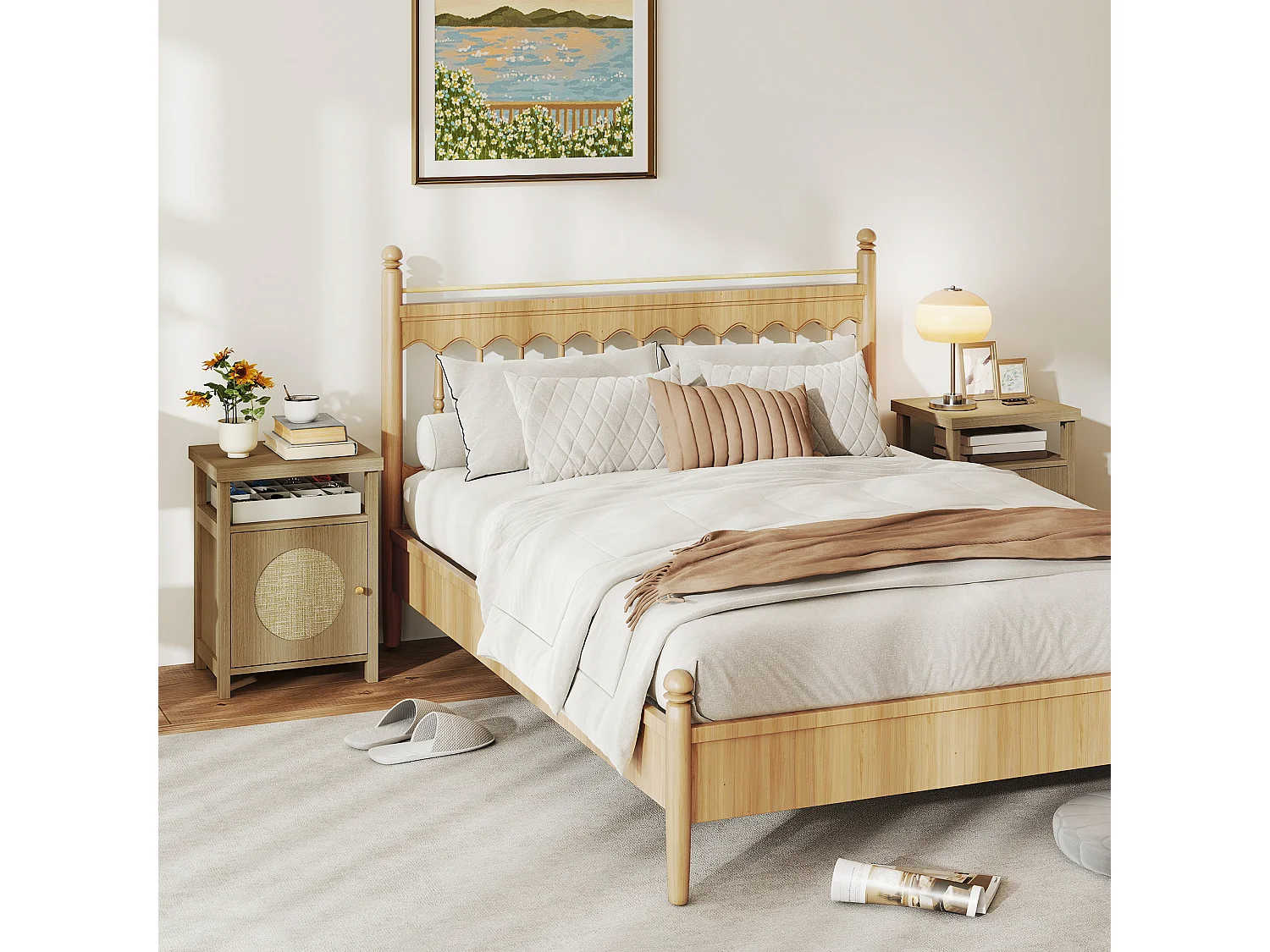 Lot de 2 chevets style bohème effet bois et cannage - porte, niche - dim. 40 x 35 x 55 cm