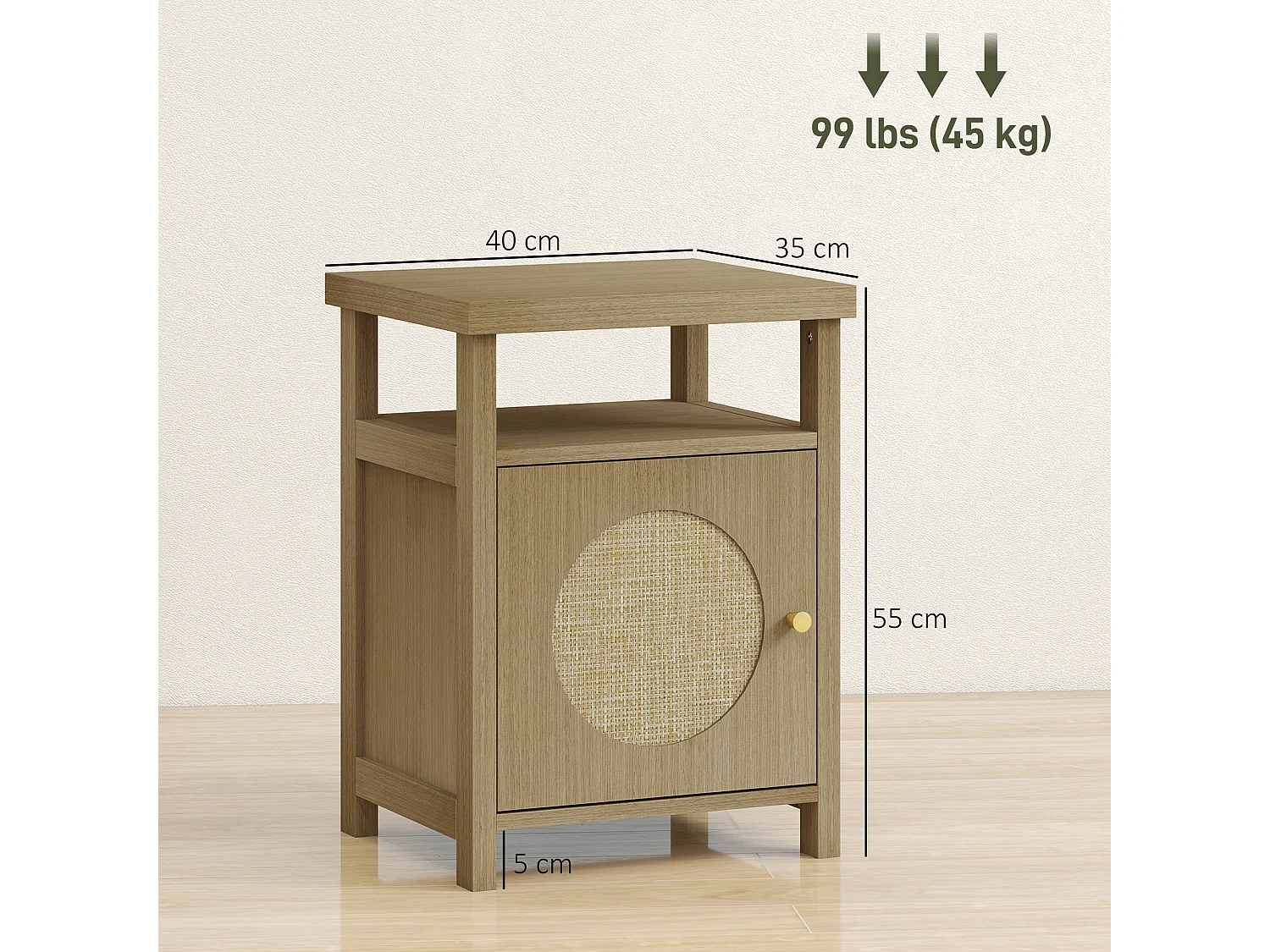 Lot de 2 chevets style bohème effet bois et cannage - porte, niche - dim. 40 x 35 x 55 cm