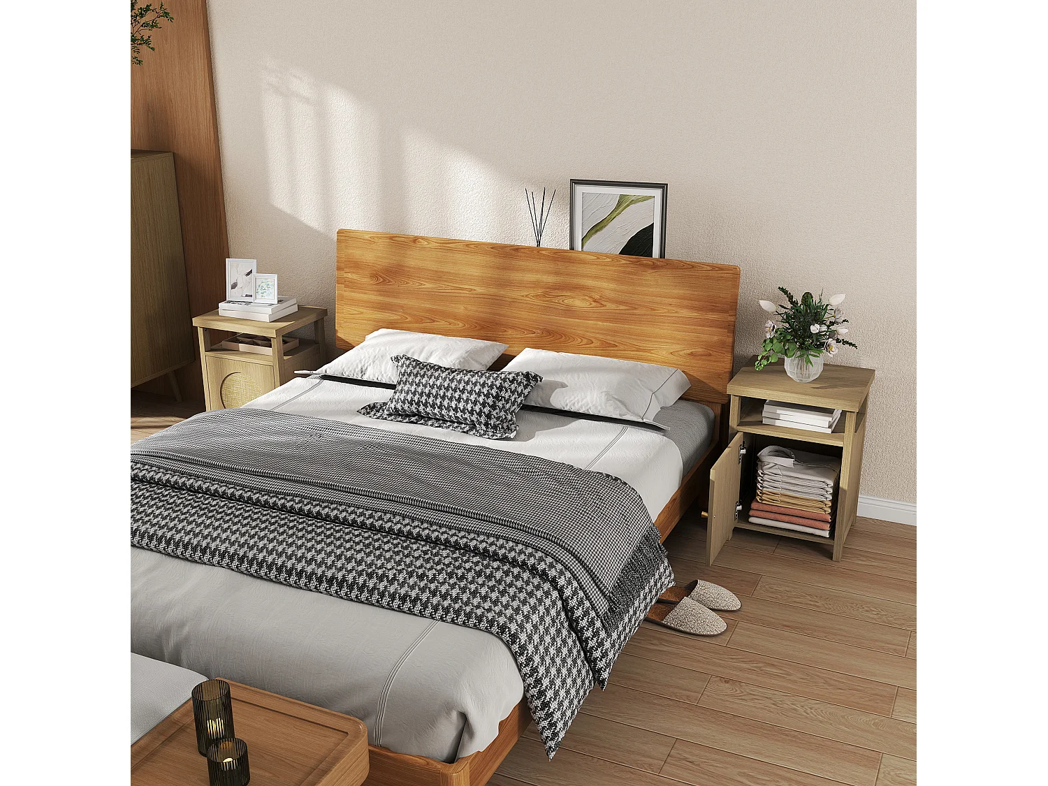 Lot de 2 chevets style bohème effet bois et cannage - porte, niche - dim. 40 x 35 x 55 cm