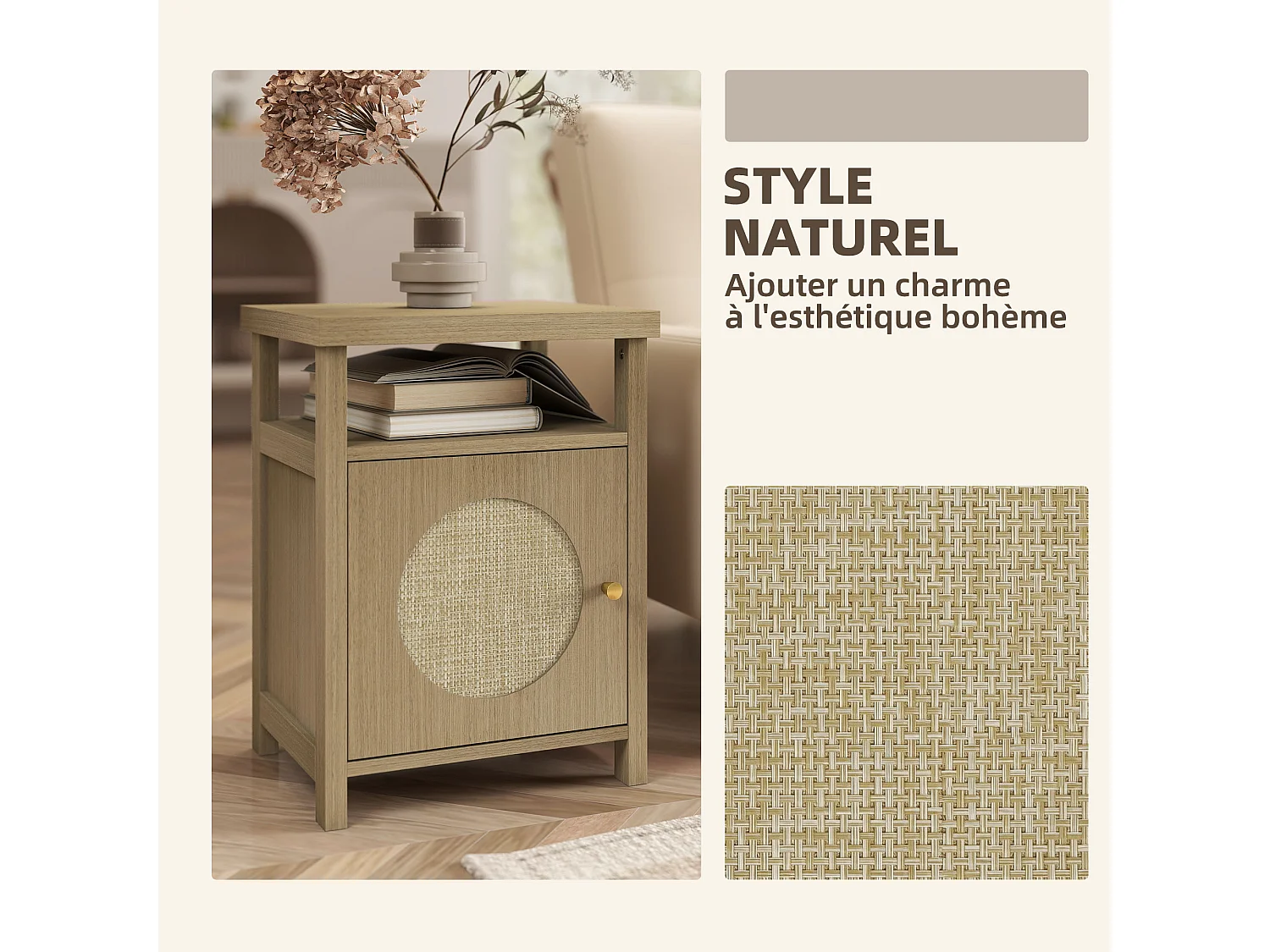 Lot de 2 chevets style bohème effet bois et cannage - porte, niche - dim. 40 x 35 x 55 cm