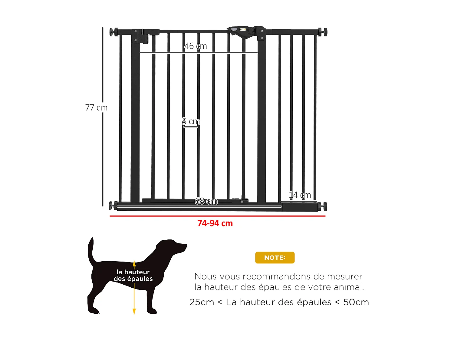 Barrière de sécurité chien - porte double verrouillage - L.94 cm max. - sans perçage - métal noir