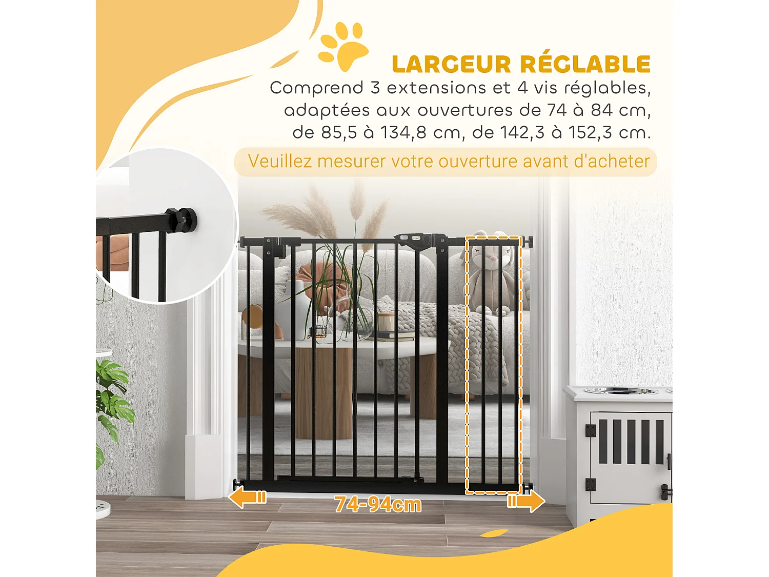 Barrière de sécurité chien - porte double verrouillage - L.94 cm max. - sans perçage - métal noir