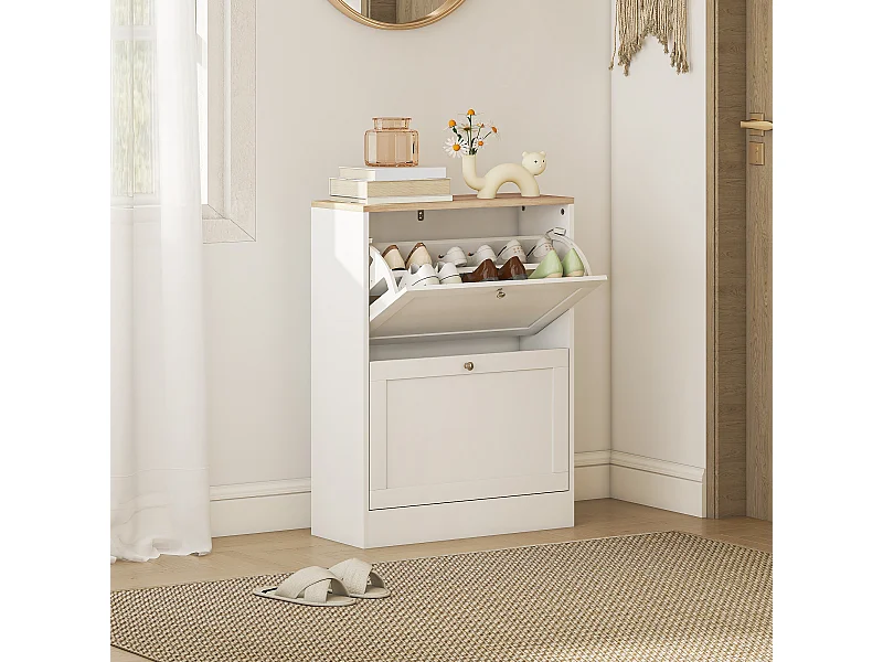 Meuble à chaussures 2 tiroirs rabattables blanc effet bois chêne clair