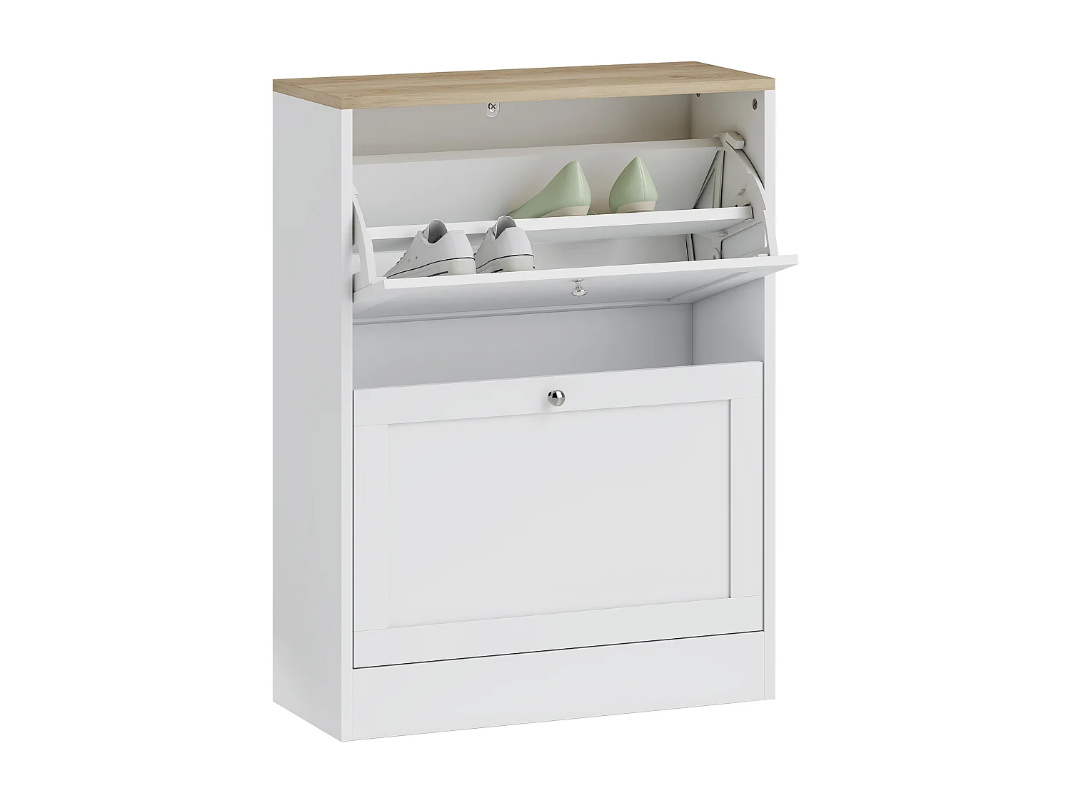 Meuble à chaussures 2 tiroirs rabattables blanc effet bois chêne clair