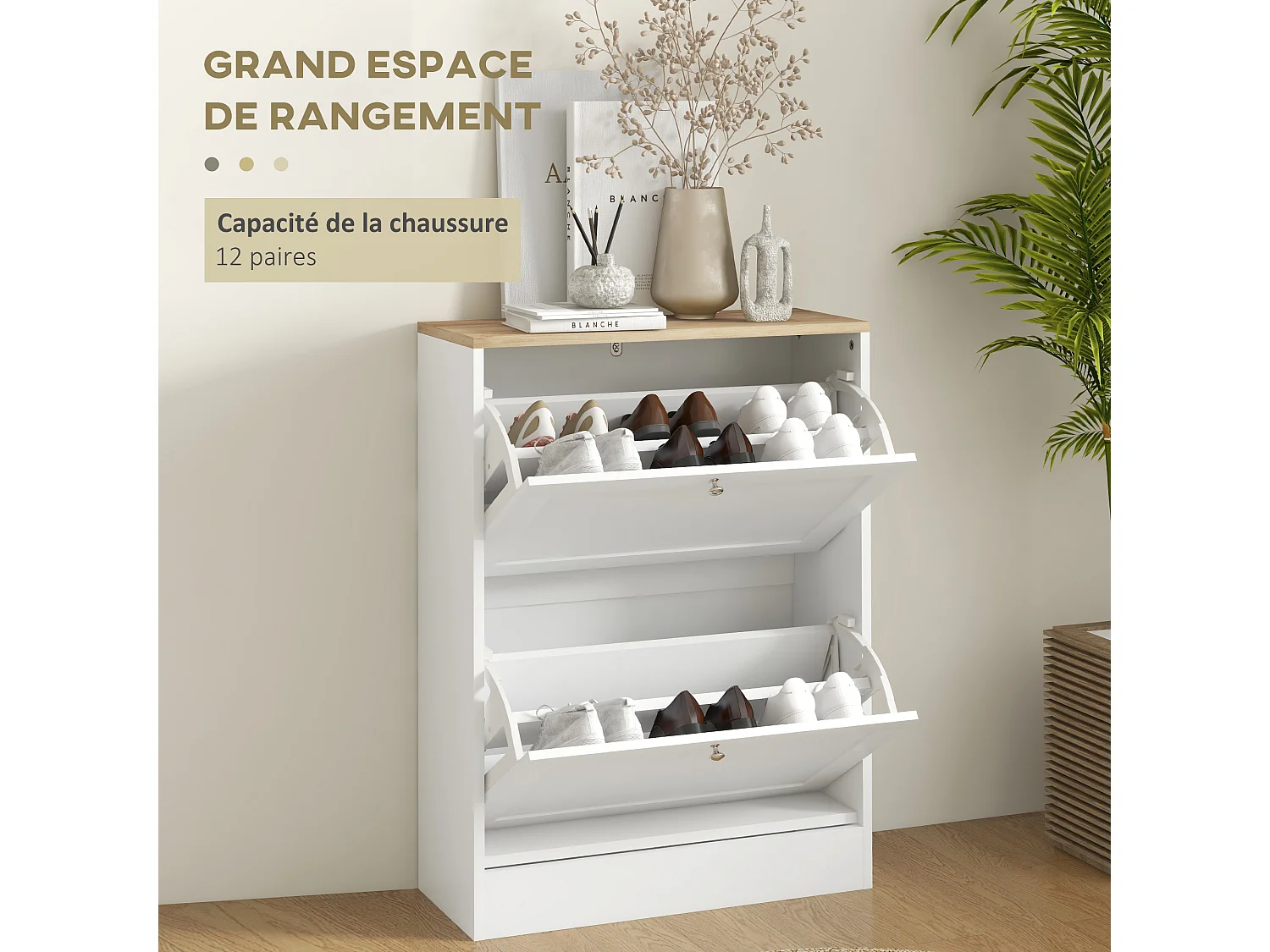 Meuble à chaussures 2 tiroirs rabattables blanc effet bois chêne clair