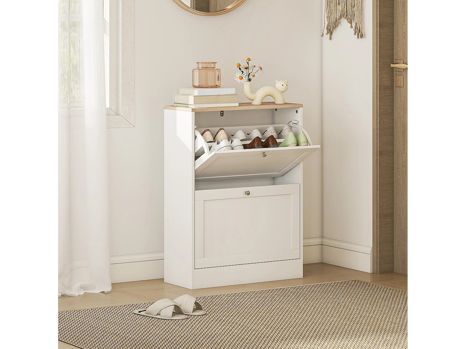Meuble à chaussures 2 tiroirs rabattables blanc effet bois chêne clair