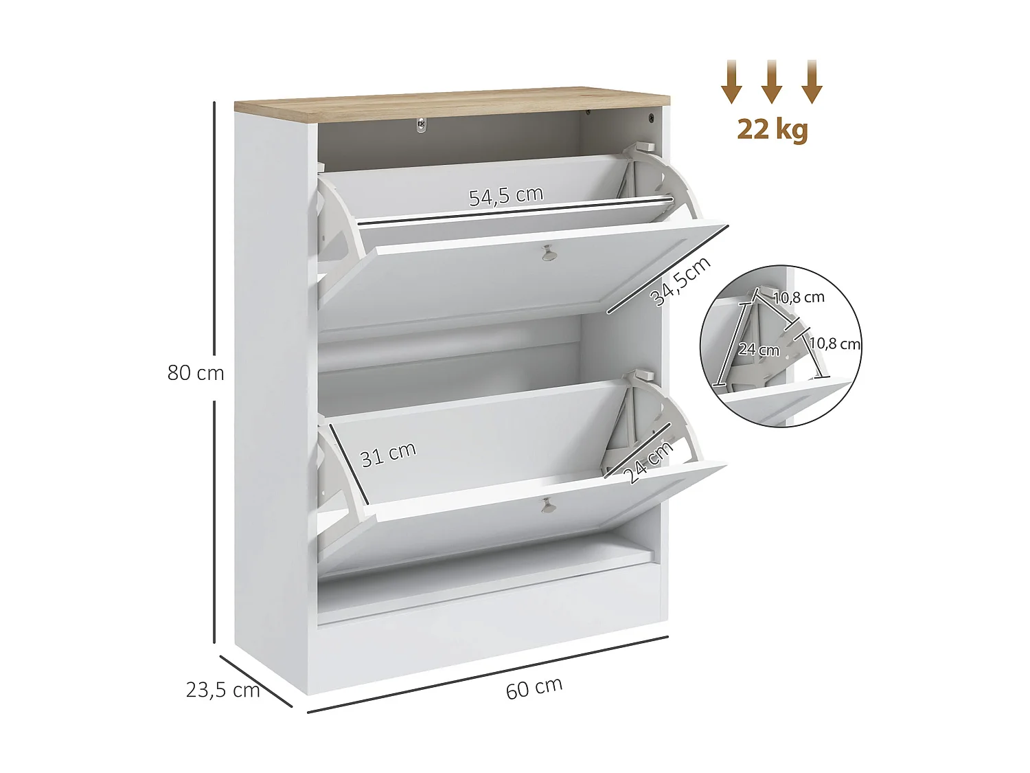 Meuble à chaussures 2 tiroirs rabattables blanc effet bois chêne clair