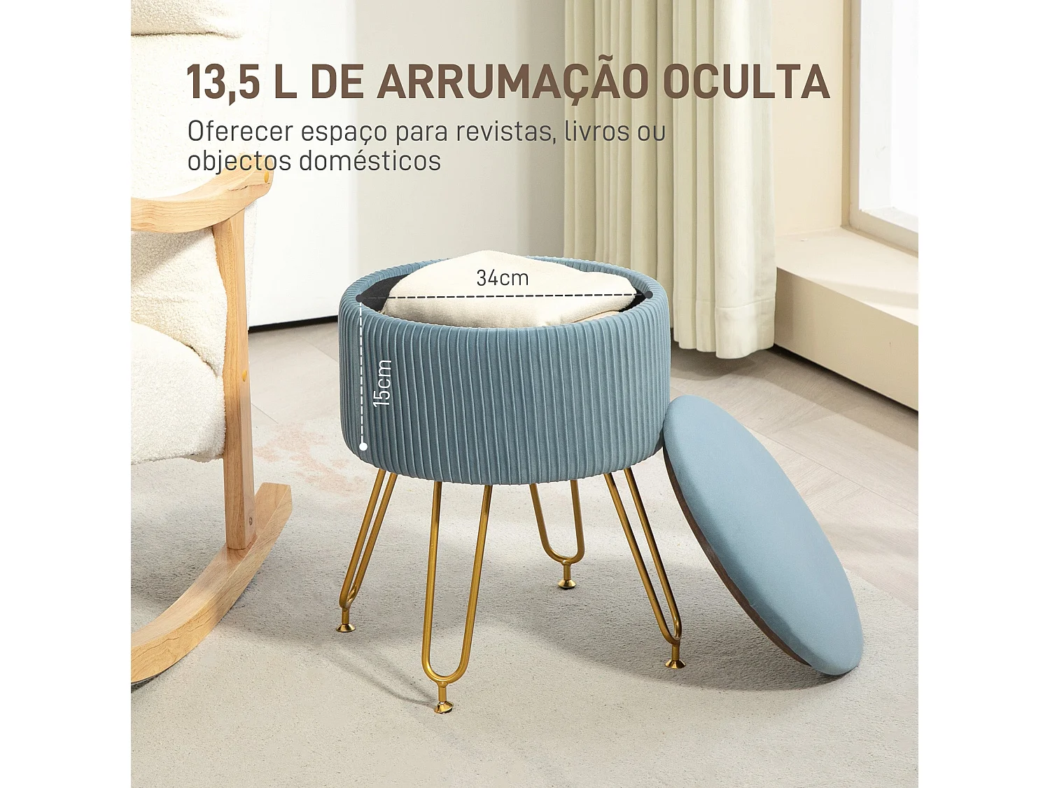 Puff de Armazenamento Estofado em Veludo para Dormitório e Sala - Modelo Toulon Azul Claro Ø40x48 cm