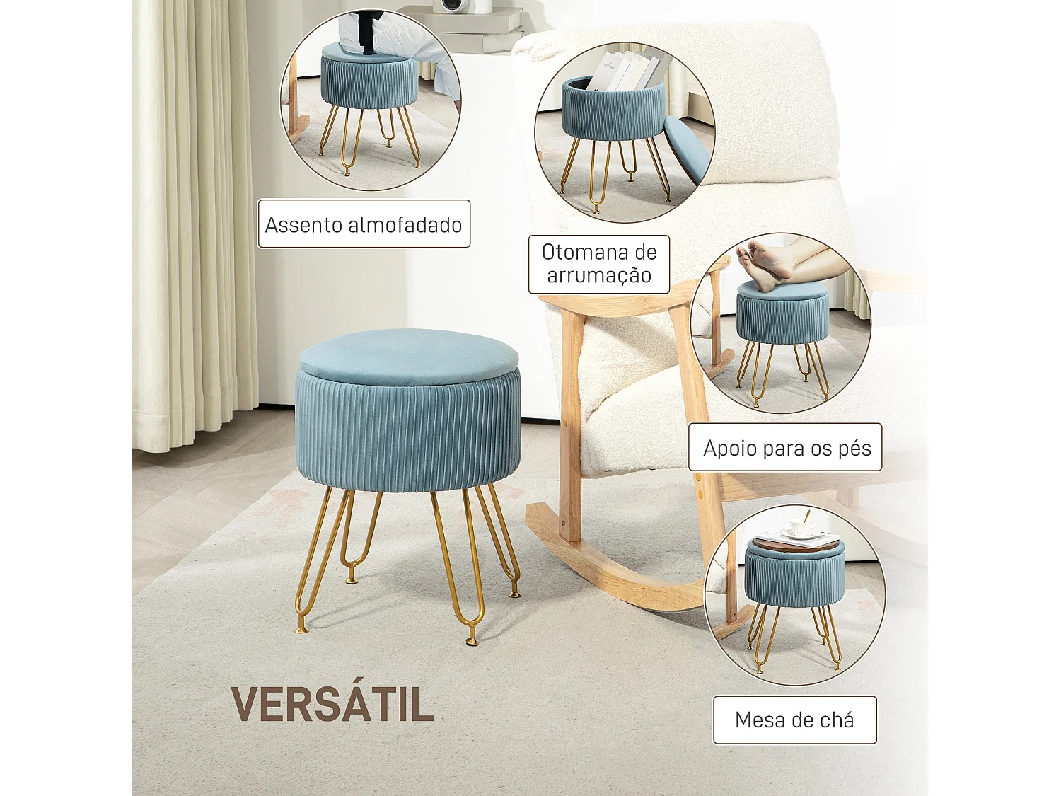 Puff de Armazenamento Estofado em Veludo para Dormitório e Sala - Modelo Toulon Azul Claro Ø40x48 cm