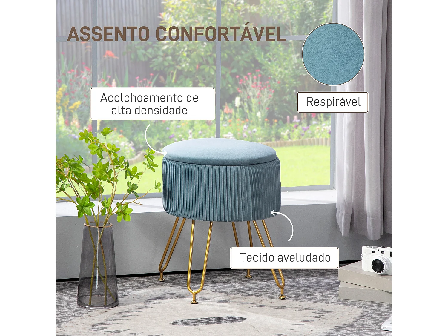 Puff de Armazenamento Estofado em Veludo para Dormitório e Sala - Modelo Toulon Azul Claro Ø40x48 cm