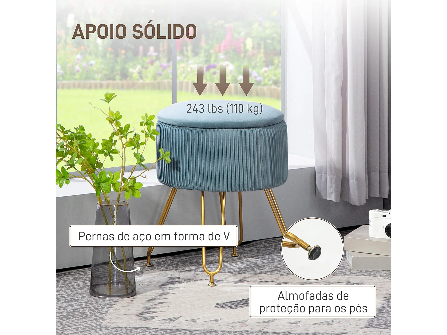 Puff de Armazenamento Estofado em Veludo para Dormitório e Sala - Modelo Toulon Azul Claro Ø40x48 cm