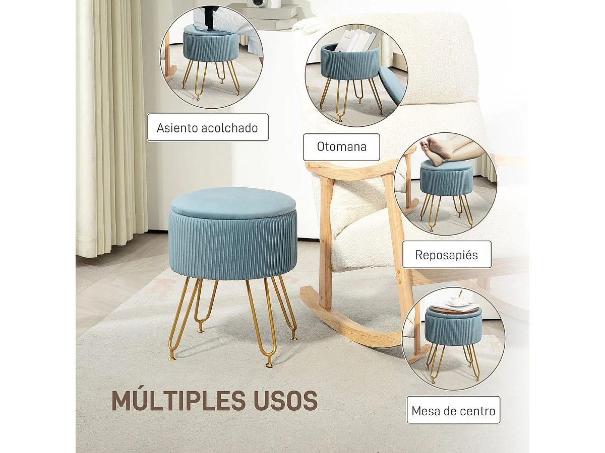 Puff de Armazenamento Estofado em Veludo para Dormitório e Sala - Modelo Toulon Azul Claro Ø40x48 cm