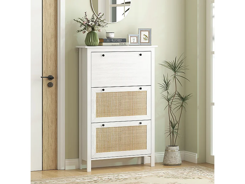 Meuble chaussures - armoire à chaussures 3 tiroirs à portes abattants effet cannage rotin bois naturel