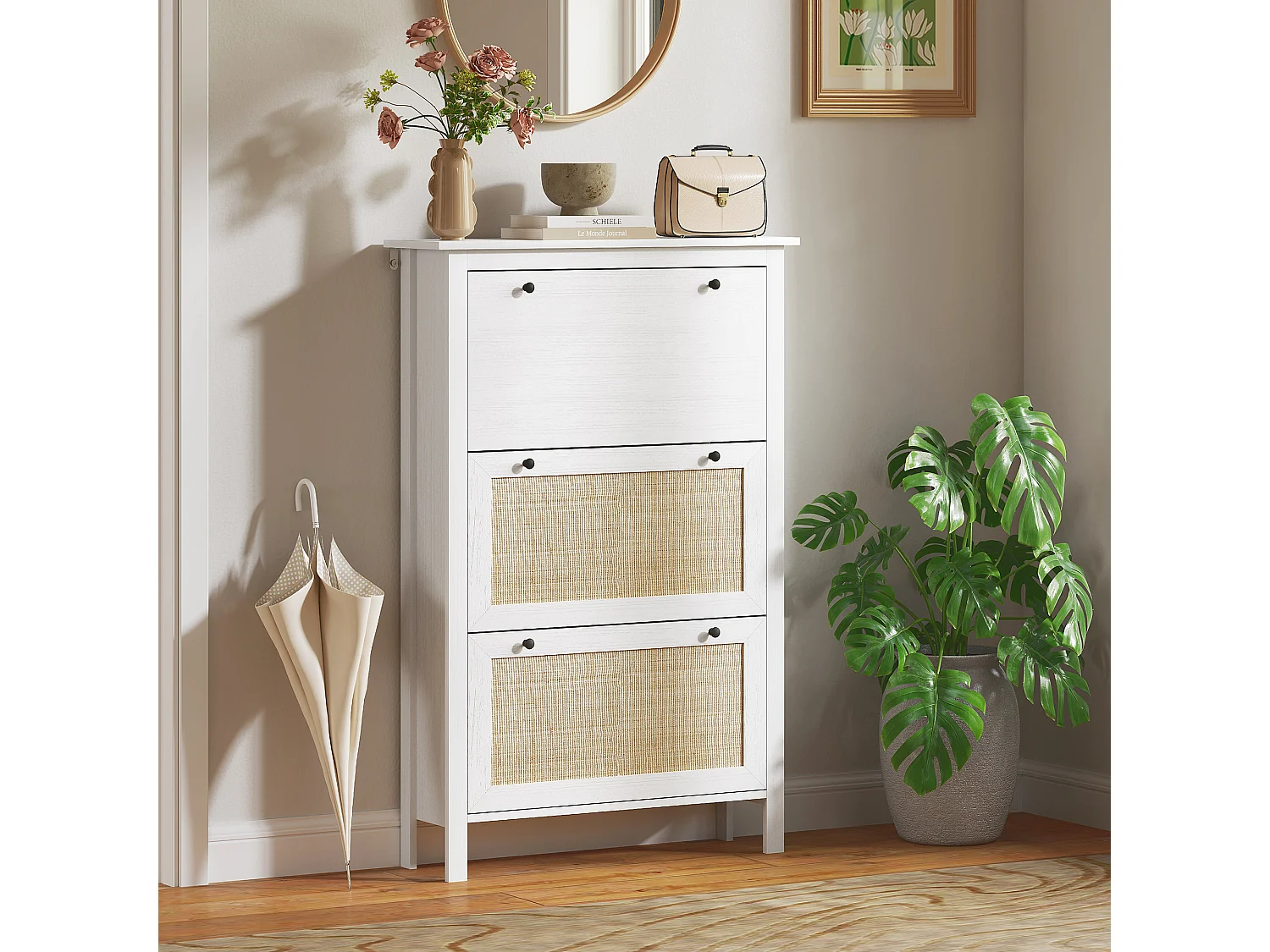 Meuble chaussures - armoire à chaussures 3 tiroirs à portes abattants effet cannage rotin bois naturel