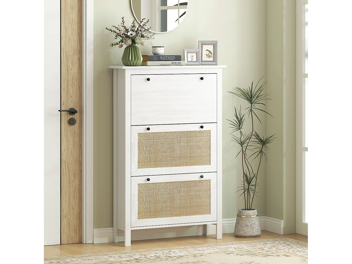 Meuble chaussures - armoire à chaussures 3 tiroirs à portes abattants effet cannage rotin bois naturel