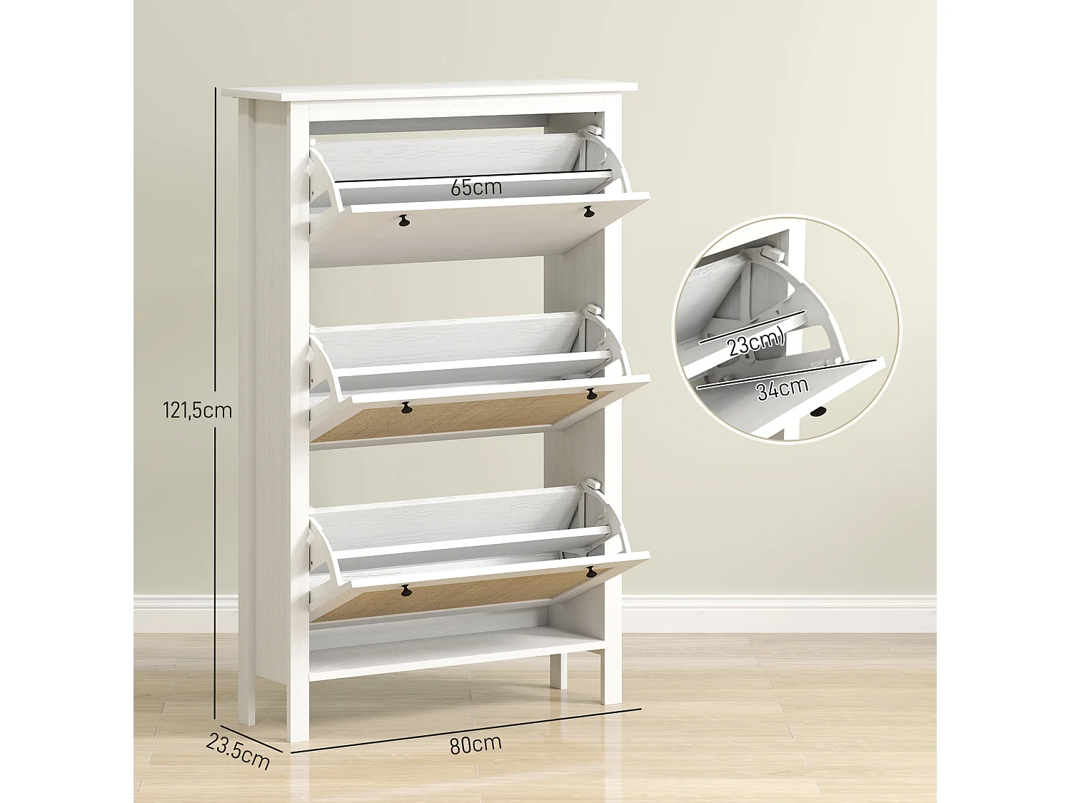 Meuble chaussures - armoire à chaussures 3 tiroirs à portes abattants effet cannage rotin bois naturel