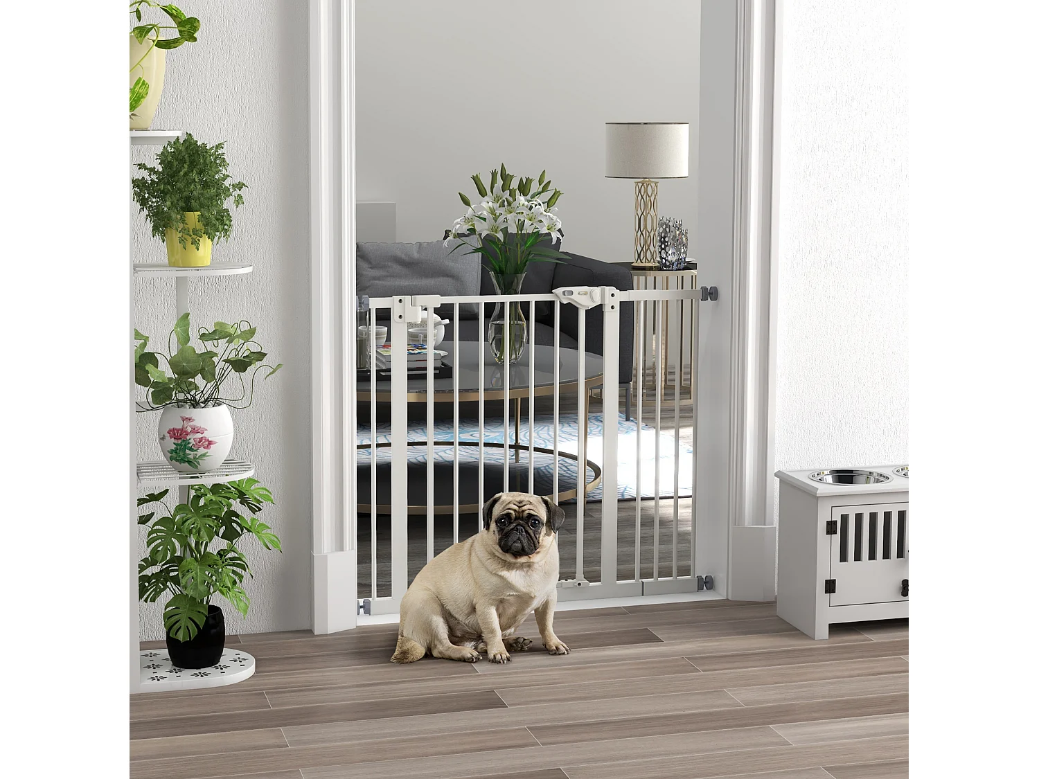 Barrière de sécurité chien - porte double verrouillage - L.94 cm max. - sans perçage - métal blanc