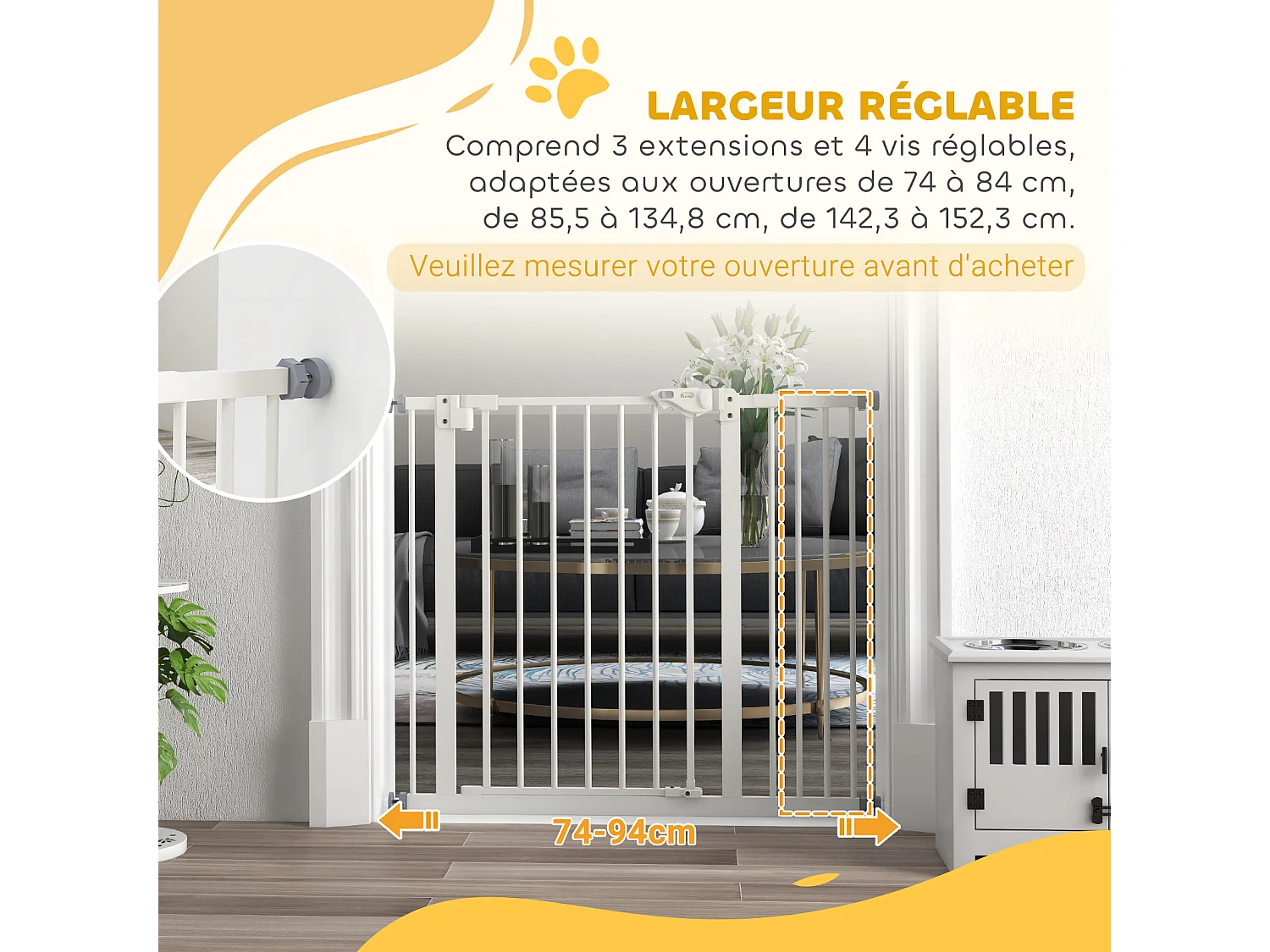 Barrière de sécurité chien - porte double verrouillage - L.94 cm max. - sans perçage - métal blanc