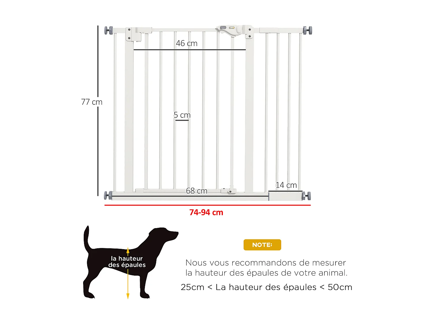 Barrière de sécurité chien - porte double verrouillage - L.94 cm max. - sans perçage - métal blanc