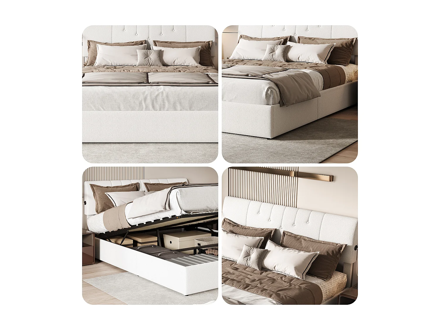 Lit double 160x200cm, avec rangement hydraulique, tête de lit avec ports USB, tête de lit réglable en hauteur, matelas recouvert de polaire douce, couleur crème