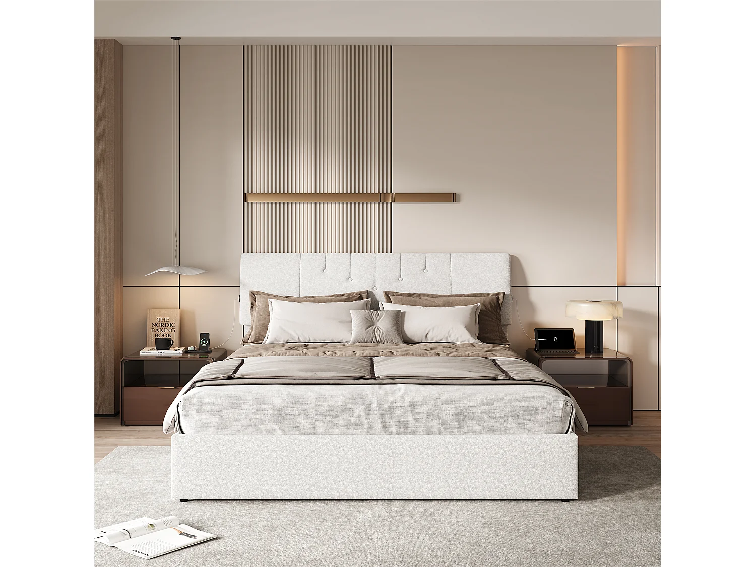 Tweepersoonsbed 160x200cm, met hydraulische opbergruimte, hoofdeinde met USB-poorten, in hoogte verstelbaar hoofdeinde, matras bekleed met zacht fleece, crèmekleur.