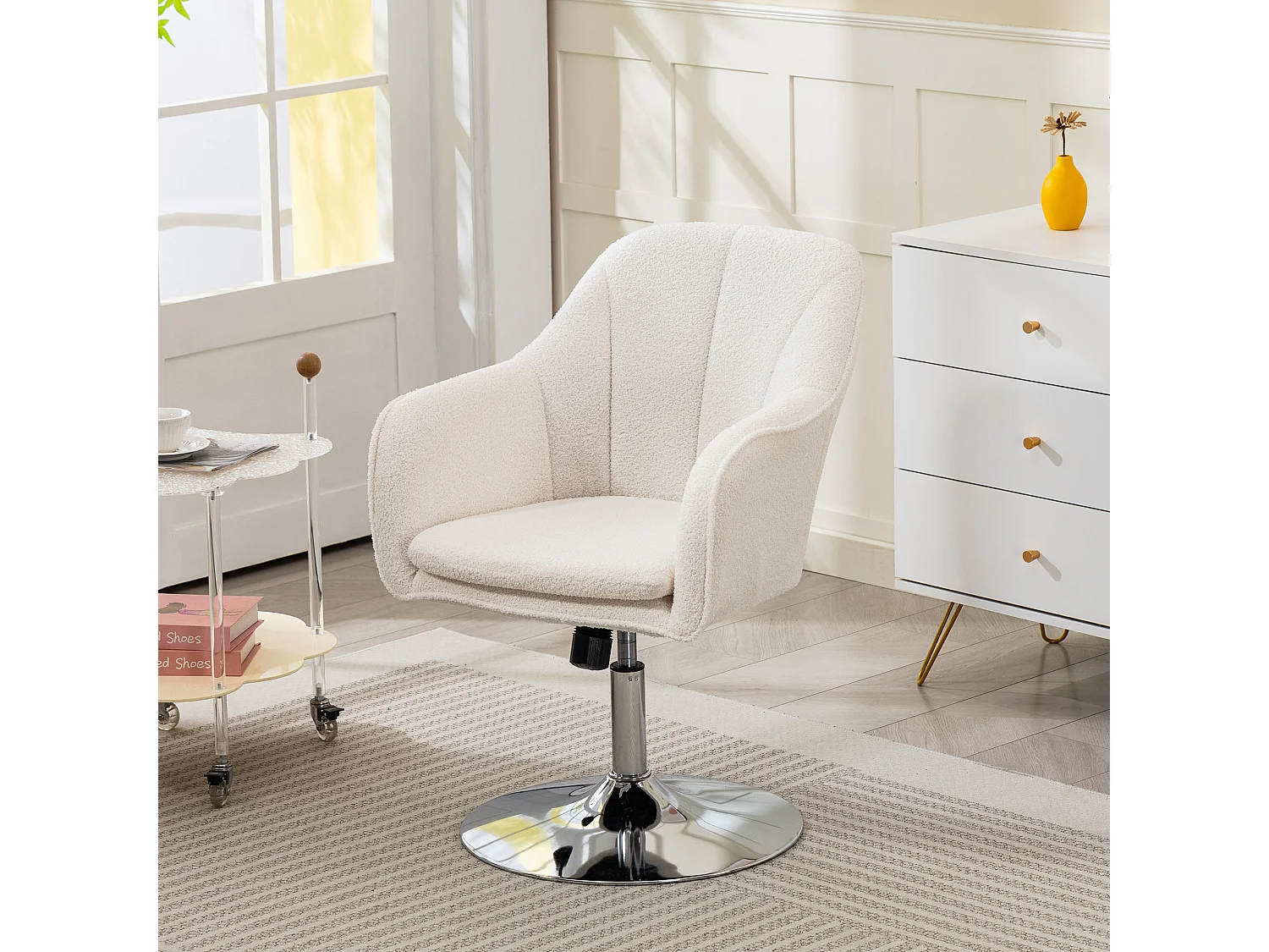 Fauteuil lounge de salon bureau design bouclette - réglable - acier chromé blanc
