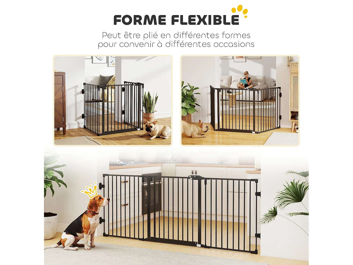 Barrière de sécurité chien pliable modulable 3 panneaux une porte dim. max. L.202,5 x H.76 cm - acier noir